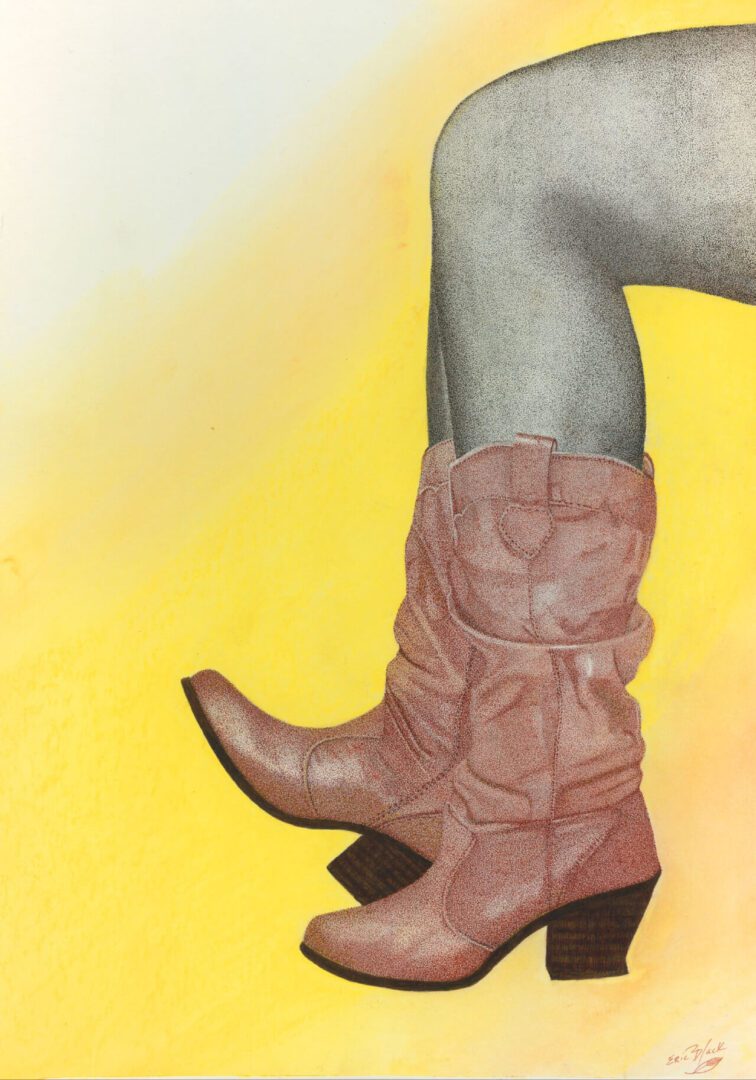 A person wearing cowboy boots with yellow background