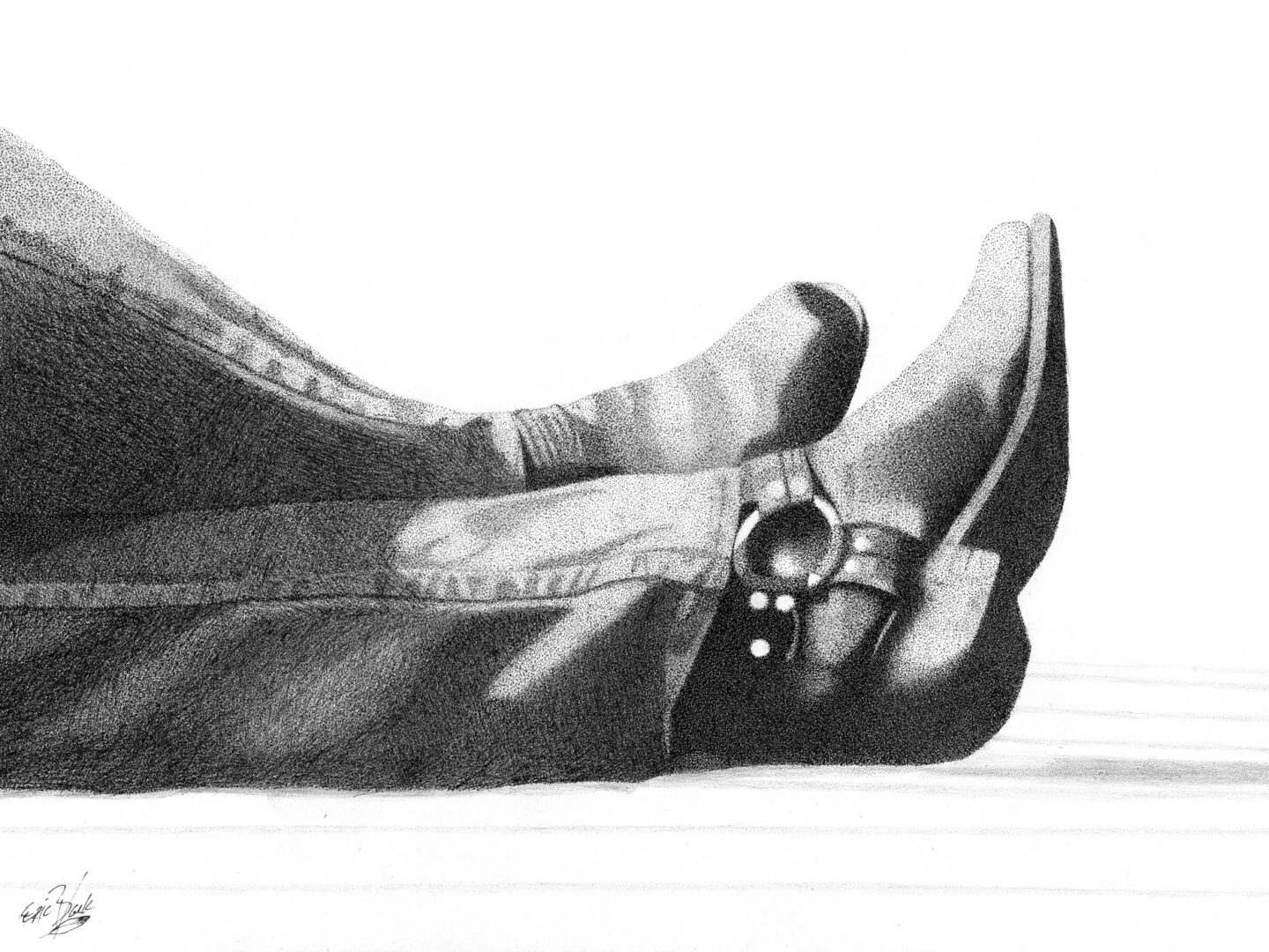 A drawing of someone 's feet in jeans and boots.