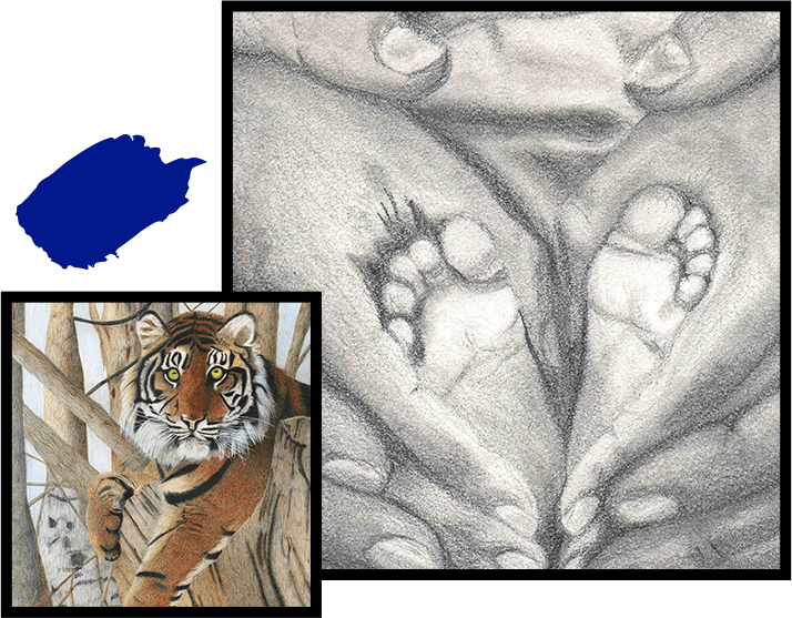 A painting of a tiger and two feet prints.
