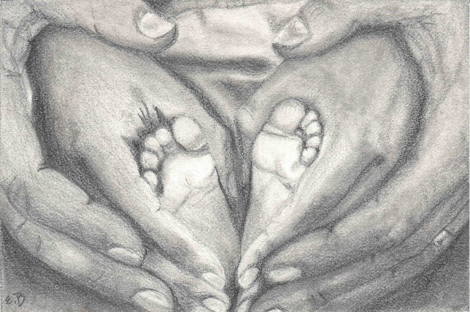 A drawing of two hands and feet with their arms around each other.