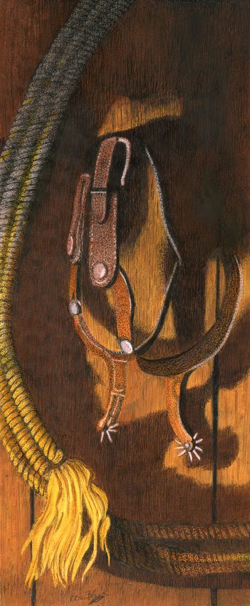 A painting of a horse 's head with reins.