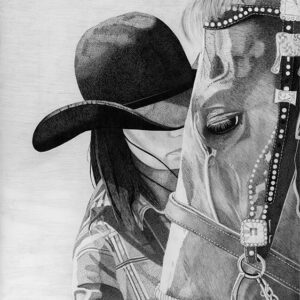 A woman in a cowboy hat and a horse.