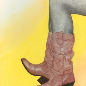 A person wearing cowboy boots with yellow background