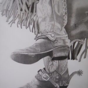 A drawing of someone 's boots and chaps.