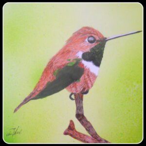 A painting of a hummingbird on a branch.