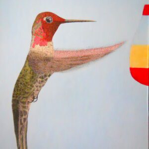 A hummingbird is standing in front of a painting.