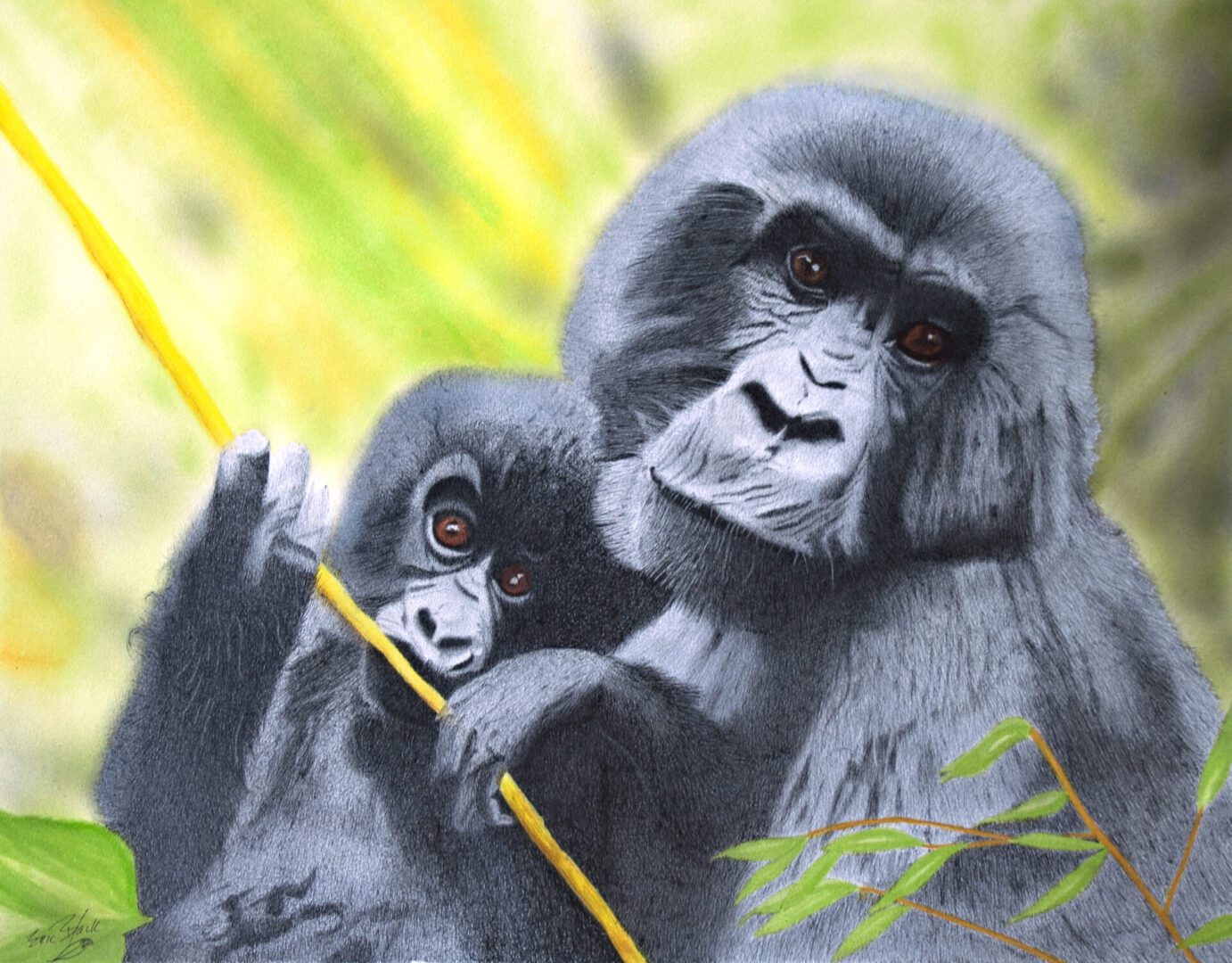 A painting of two gorilla babies in the wild.