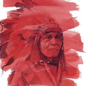 A painting of an indian wearing red feathers.