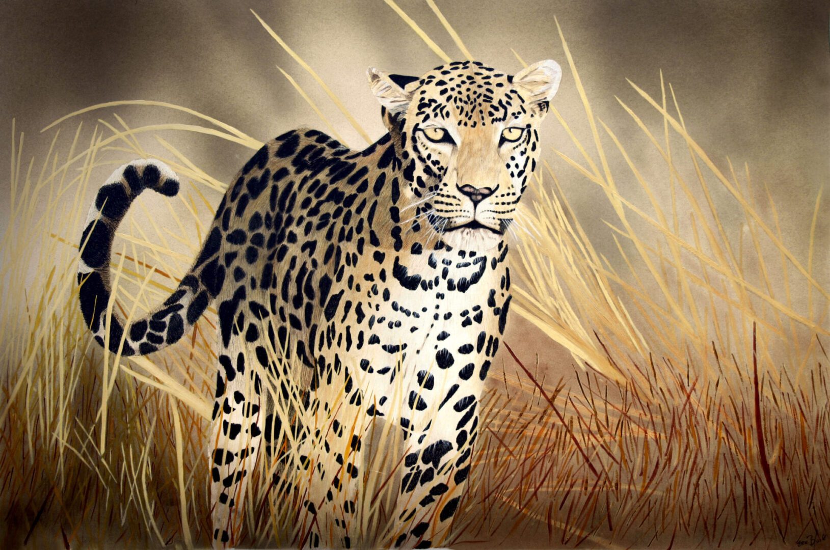 A painting of a leopard walking through tall grass.
