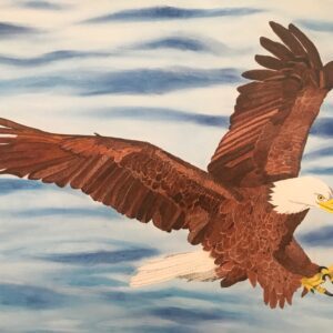 A painting of two eagles flying over the ocean.