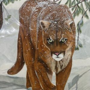 A painting of a big cat walking in the snow.