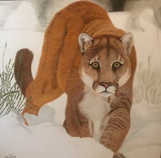 A painting of a mountain lion with a blanket on it.