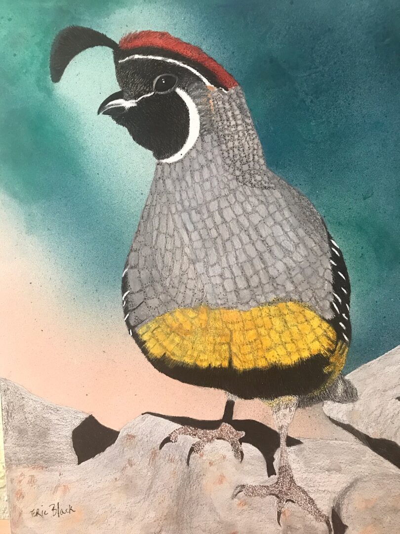 A painting of a bird with yellow and black feathers.