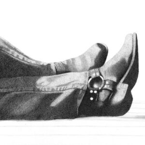 A drawing of someone 's feet in jeans and boots.