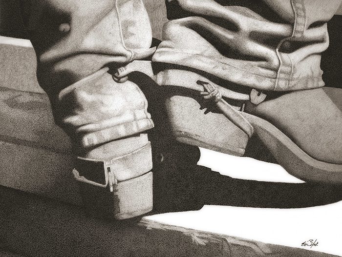 A close up of the feet and shoes of an old man.