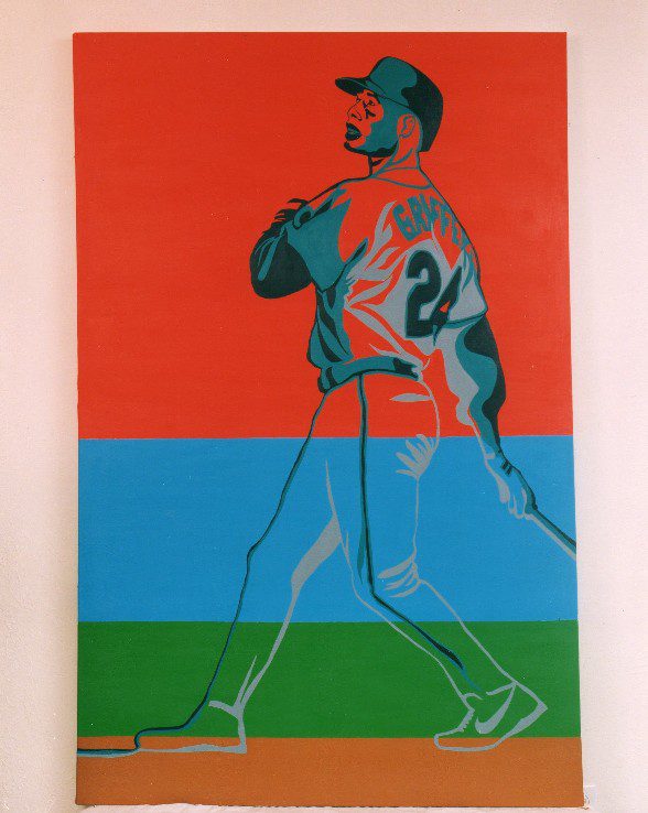 A painting of a baseball player in blue and red.