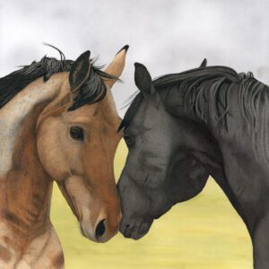 Two horses are touching noses in a painting.