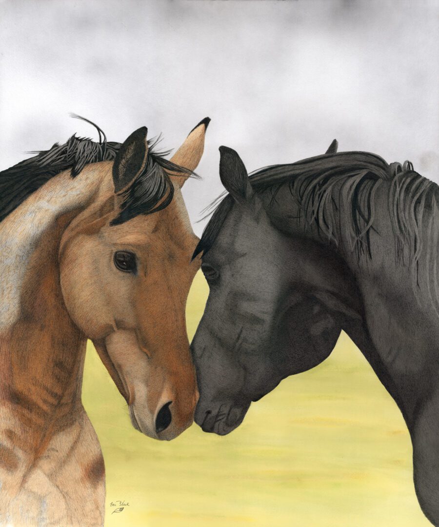 Two horses are touching noses in a painting.